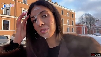 Stunning Woman Strolls In Public With Semen On Her Visage, Receiving A Substantial Remuneration From An Unknown Individual - Cumwalk